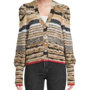 Veronica Beard Cecily Mixed Knit Wool Blend Cropped Cardigan, Size Large